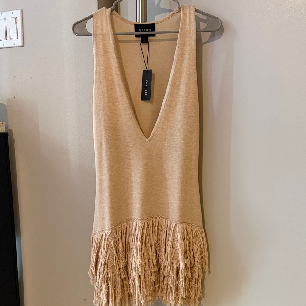 PrettyLittleThing Beige Fringe Mini Dress